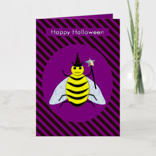 Halloween Magic Bee Wizard Purple and Black Stripe Foil Greeting Card