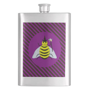Halloween Magic Bee Wizard Purple and Black Stripe Hip Flask