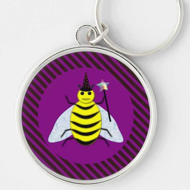 Halloween Magic Bee Wizard Purple and Black Stripe Key Ring (Front)