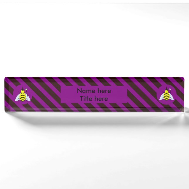 Halloween Magic Bee Wizard Purple and Black Stripe Nameplate (Front)