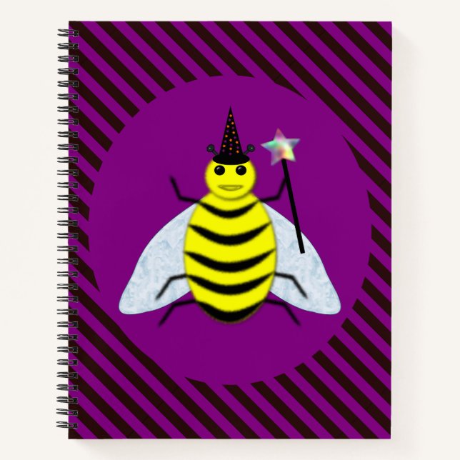 Halloween Magic Bee Wizard Purple and Black Stripe Notebook (Front)