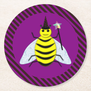 Halloween Magic Bee Wizard Purple and Black Stripe Round Paper Coaster