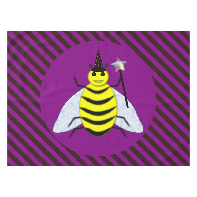 Halloween Magic Bee Wizard Purple and Black Stripe Tablecloth (Front (Horizontal))