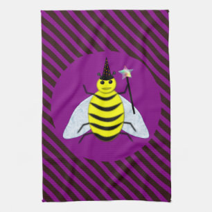 Halloween Magic Bee Wizard Purple and Black Stripe Tea Towel