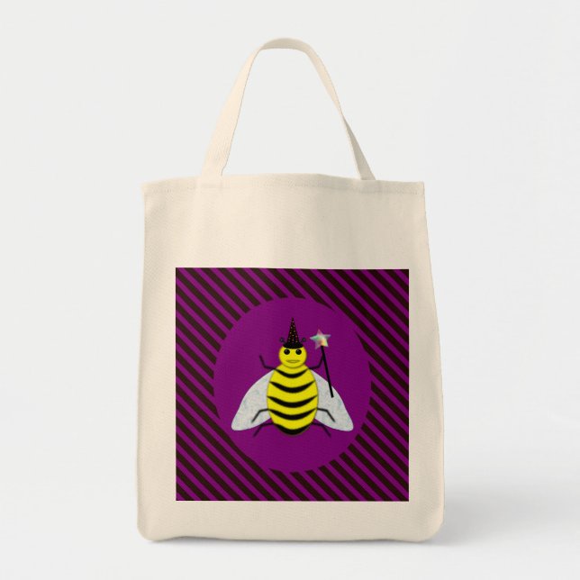 Halloween Magic Bee Wizard Purple and Black Stripe Tote Bag (Front)