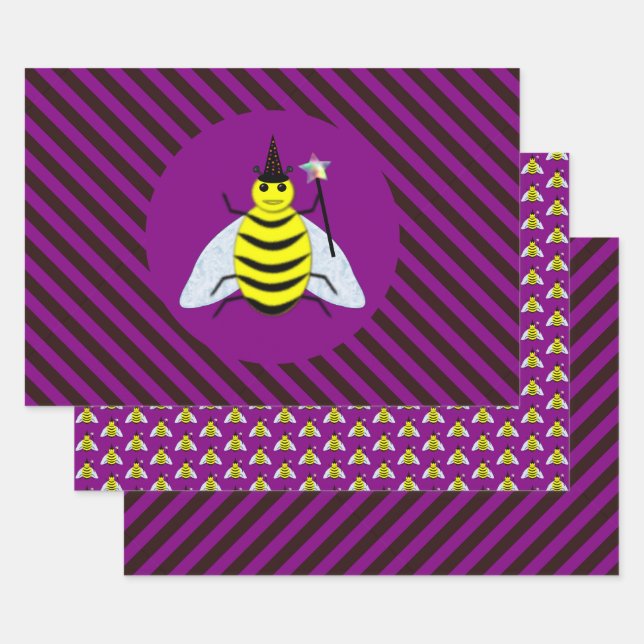 Halloween Magic Bee Wizard Purple and Black Stripe Wrapping Paper Sheet (Set)