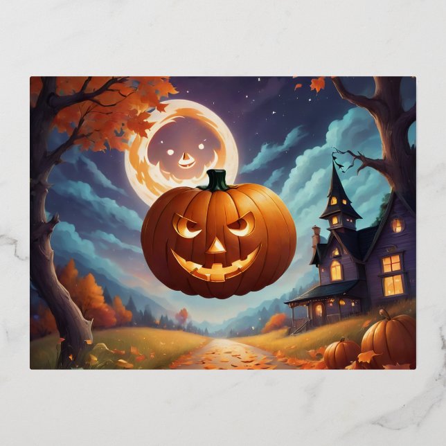 Halloween Magic Under the Moon Foil Holiday Postcard (Front)