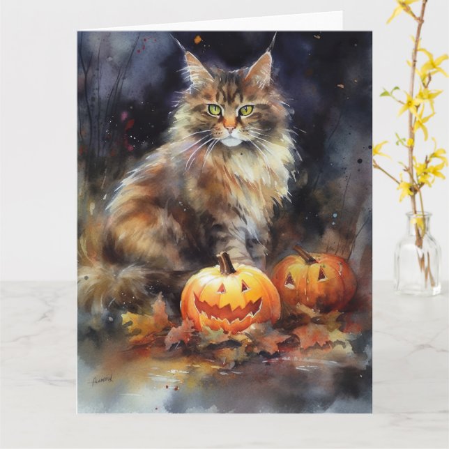 Halloween Maine Coon Cat With Pumpkins Scary Card (Yellow Flower)
