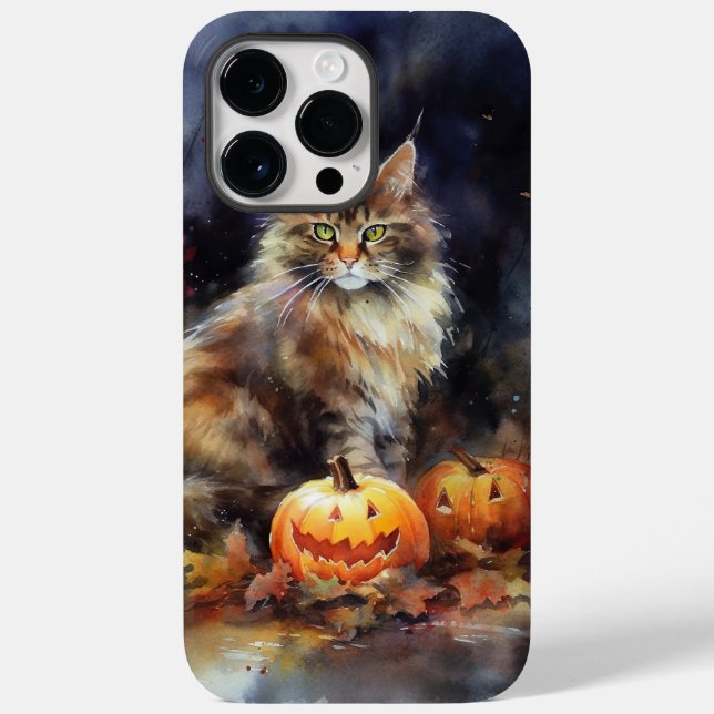 Halloween Maine Coon Cat With Pumpkins Scary Case-Mate iPhone Case (Back)