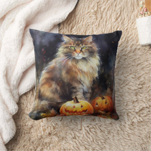Halloween Maine Coon Cat With Pumpkins Scary Cushion