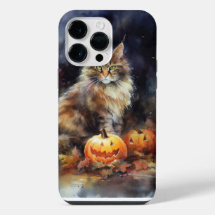 Halloween Maine Coon Cat With Pumpkins Scary iPhone 14 Pro Max Case