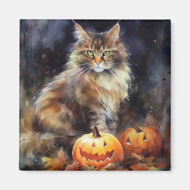 Halloween Maine Coon Cat With Pumpkins Scary Magnet (Front)