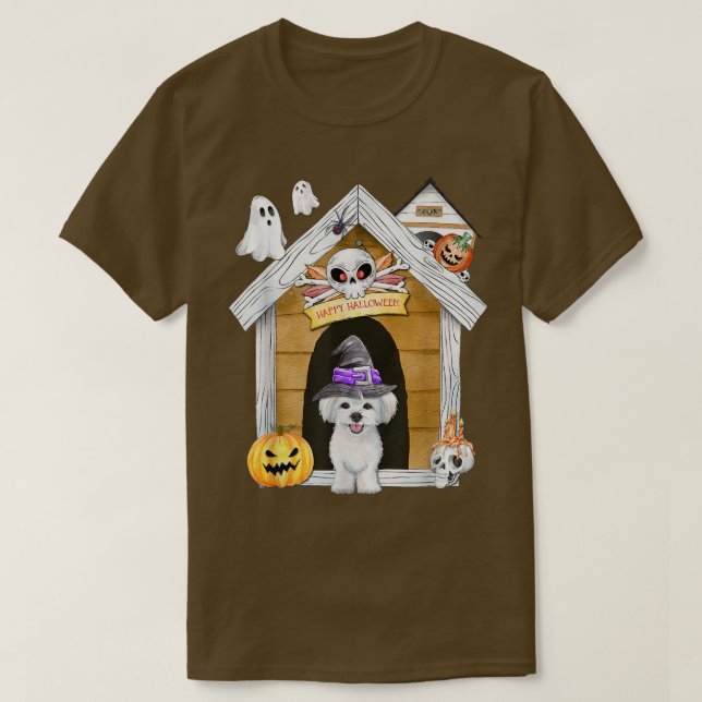 Halloween Maltese Dog Witch Haunted House403 T-Shirt (Design Front)