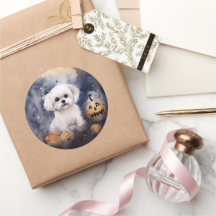 Halloween Maltese With Pumpkins Scary Classic Round Sticker