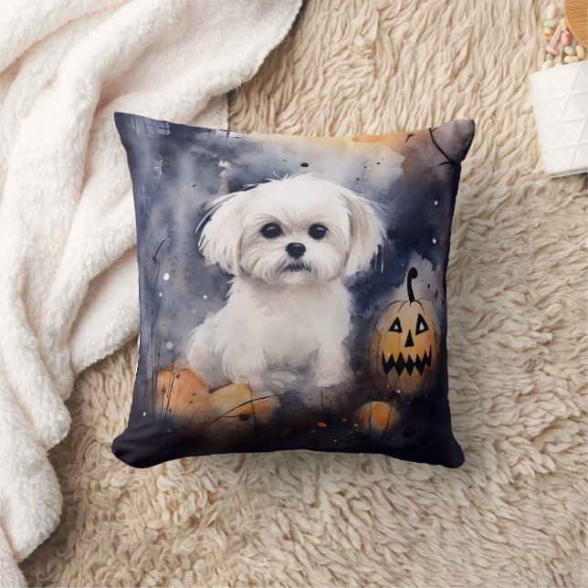 Halloween Maltese With Pumpkins Scary  Cushion (Blanket)