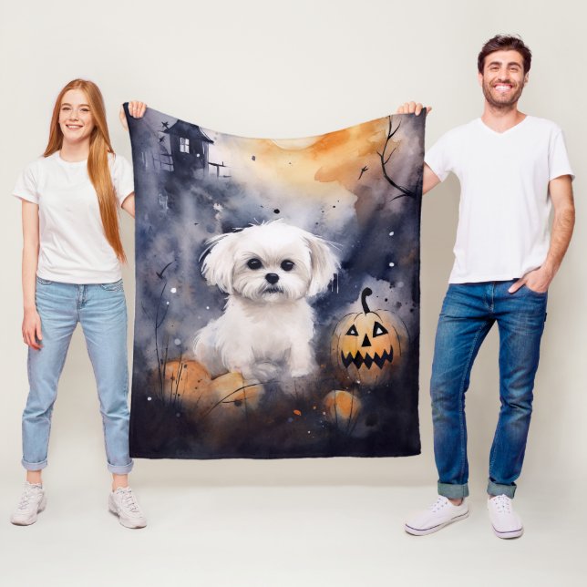 Halloween Maltese With Pumpkins Scary  Fleece Blanket (In Situ)