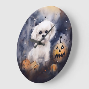 Halloween Maltese With Pumpkins Scary  Large Clock
