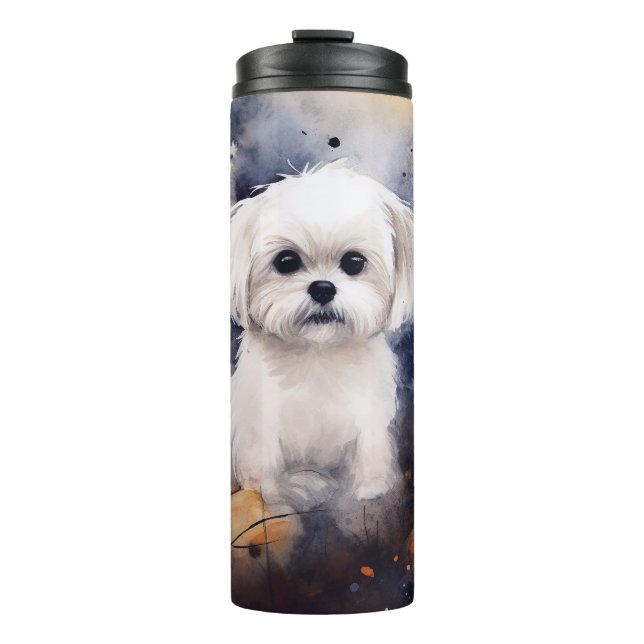 Halloween Maltese With Pumpkins Scary  Thermal Tumbler (Front)