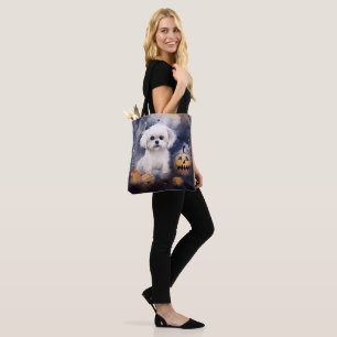 Halloween Maltese With Pumpkins Scary  Tote Bag