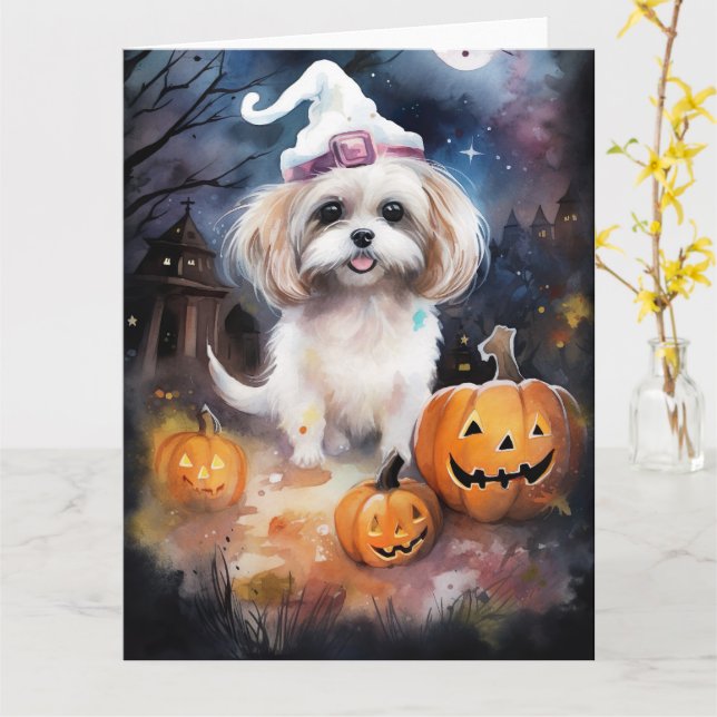 Halloween Malti Tzu With Pumpkins Scary  Card (Yellow Flower)