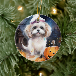 Halloween Malti Tzu With Pumpkins Scary  Ceramic Tree Decoration