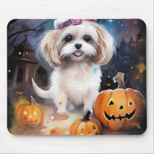 Halloween Malti Tzu With Pumpkins Scary Mouse Pad