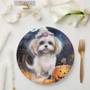 Halloween Malti Tzu With Pumpkins Scary Paper Plate