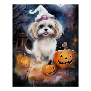 Halloween Malti Tzu With Pumpkins Scary Poster
