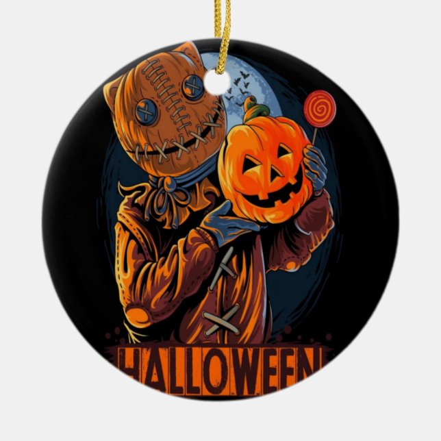 HALLOWEEN MASKED SCARECROW MAN  PUMPKIN CERAMIC TREE DECORATION (Front)