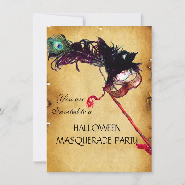HALLOWEEN MASQUERADE PARTY, parchment rsvp Invitation (Front)