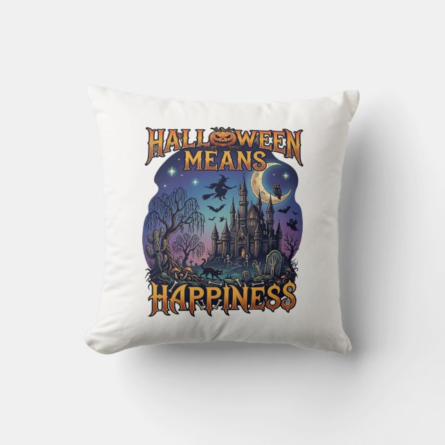 Halloween Means Happiness Haunted Castle Witch Moo Cushion (Front)