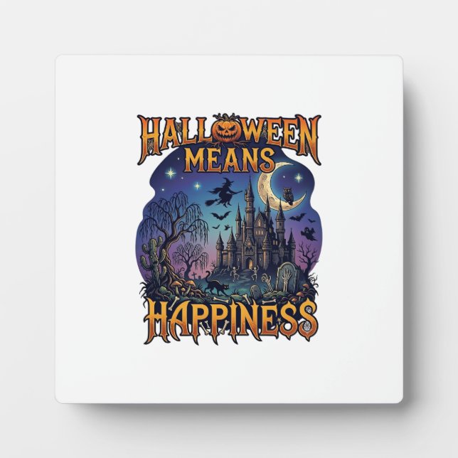 Halloween Means Happiness Haunted Castle Witch Moo Plaque (Front)