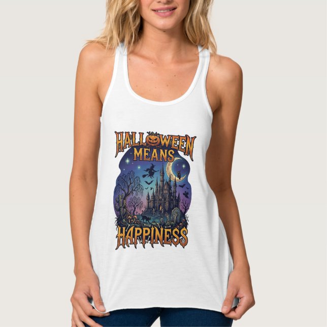Halloween Means Happiness Haunted Castle Witch Moo Singlet (Front)