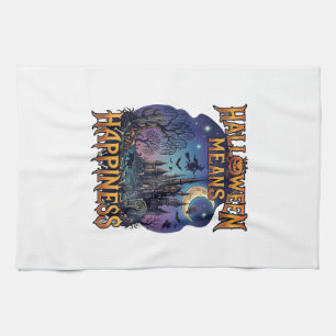 Halloween Means Happiness Haunted Castle Witch Moo Tea Towel
