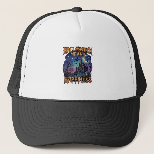 Halloween Means Happiness Haunted Castle Witch Moo Trucker Hat (Front)