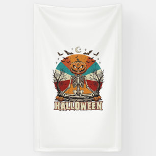 Halloween Meditating Pumpkin Skeleton Retro Sun Ba Banner