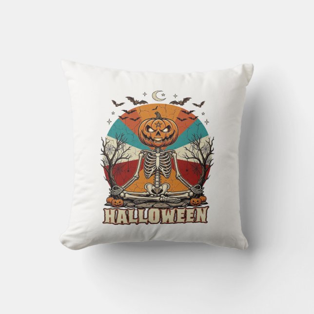 Halloween Meditating Pumpkin Skeleton Retro Sun Ba Cushion (Front)