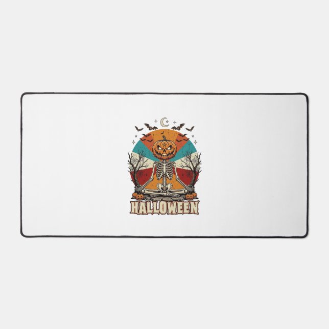 Halloween Meditating Pumpkin Skeleton Retro Sun Ba Desk Mat (Front)