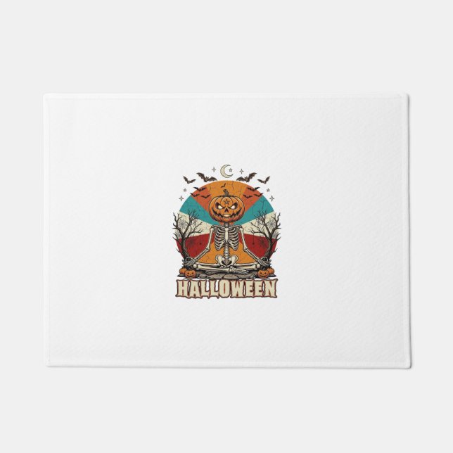 Halloween Meditating Pumpkin Skeleton Retro Sun Ba Doormat (Front)