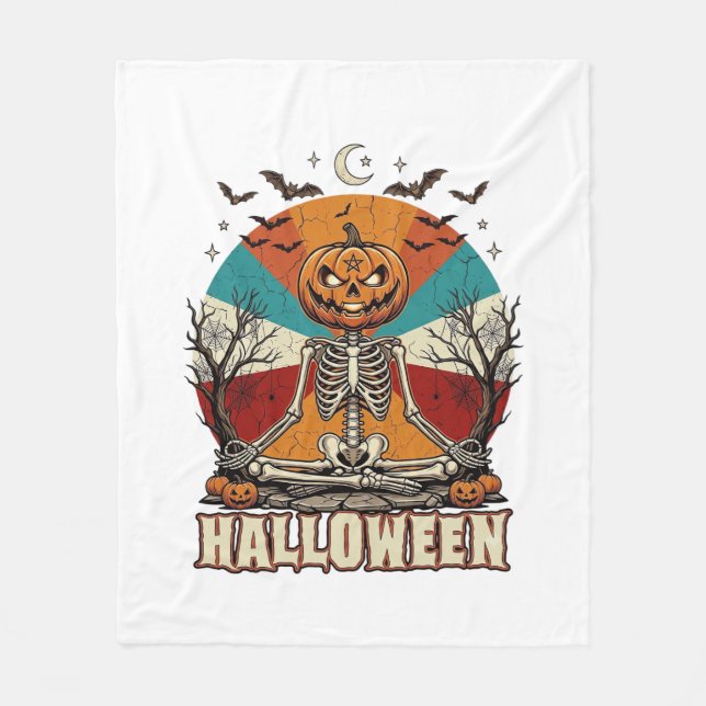 Halloween Meditating Pumpkin Skeleton Retro Sun Ba Fleece Blanket (Front)