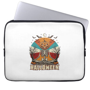 Halloween Meditating Pumpkin Skeleton Retro Sun Ba Laptop Sleeve