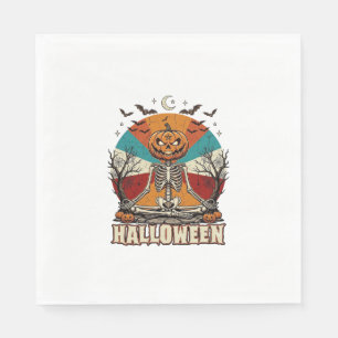 Halloween Meditating Pumpkin Skeleton Retro Sun Ba Napkin
