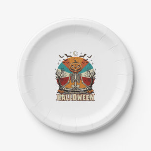 Halloween Meditating Pumpkin Skeleton Retro Sun Ba Paper Plate