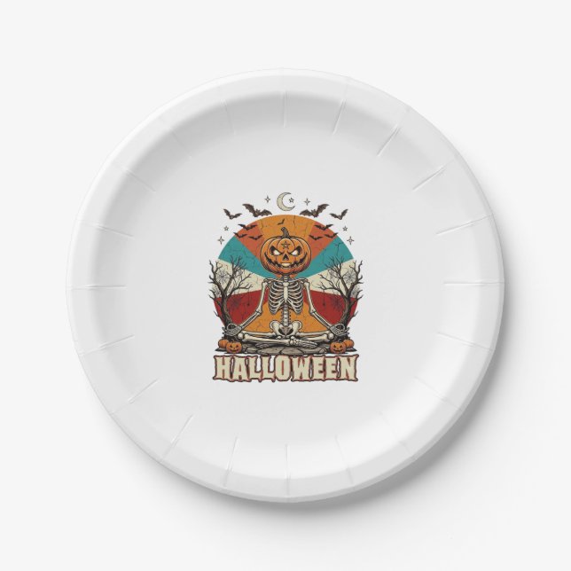 Halloween Meditating Pumpkin Skeleton Retro Sun Ba Paper Plate (Front)