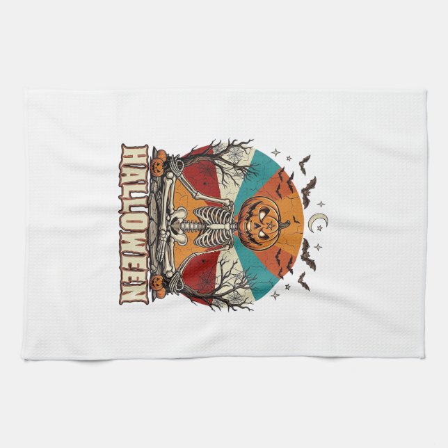 Halloween Meditating Pumpkin Skeleton Retro Sun Ba Tea Towel (Horizontal)