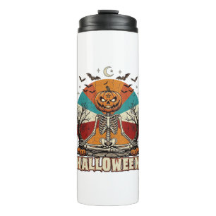 Halloween Meditating Pumpkin Skeleton Retro Sun Ba Thermal Tumbler