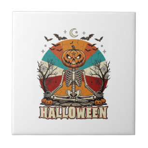 Halloween Meditating Pumpkin Skeleton Retro Sun Ba Tile