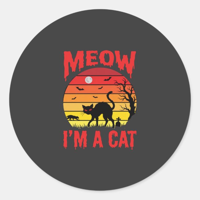 Halloween Meow Im a Cat Retro Sunset Classic Round Sticker (Front)