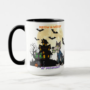Halloween "Meow & Woof at Midnight" Cat & Werewolf Mug