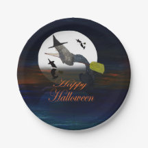 Halloween mermaid witch in moonlight paper plates.